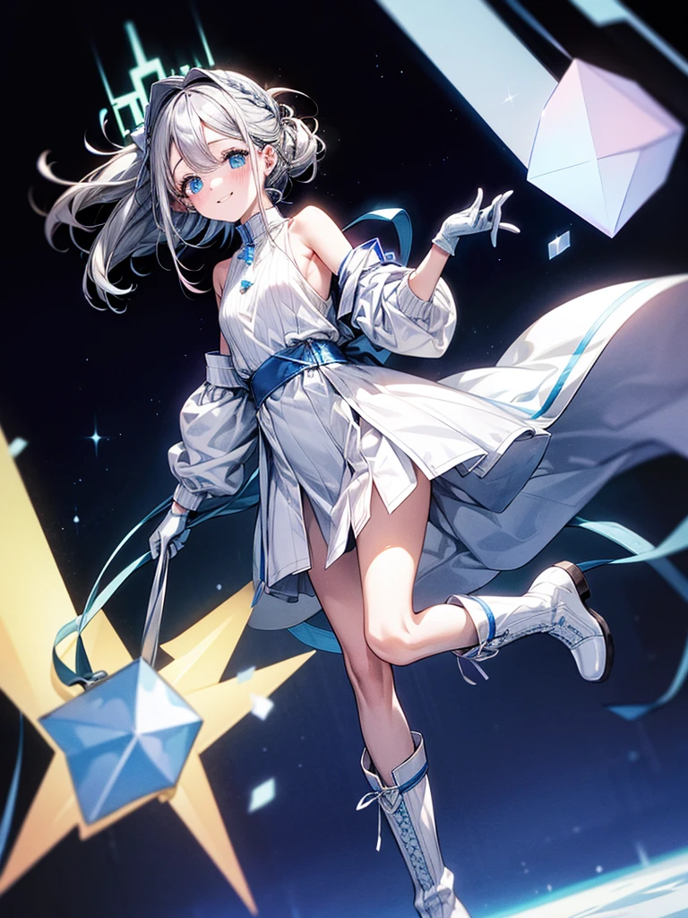 "(Highest quality,High resolution:1.2), Cute Smile, Unusual Point of View, White sweater, Medium Shot, Color decomposition color, shoulder, blush, (Gray Hair), White gloves, White boots, Blue Iris"，star空の背景，star