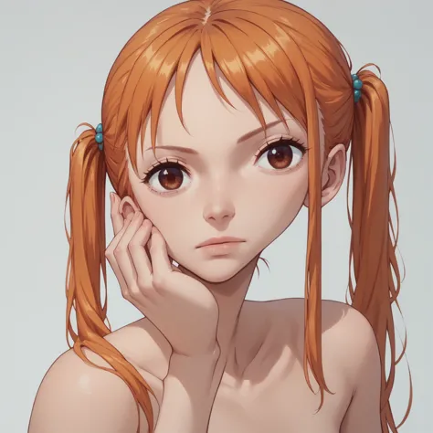 alone,
we,1 girl,orange hair,brown eyes,
twintail,nstda., naked, naked, naked、1 girl, only, beautiful face