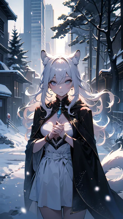 (masterpiece, best quality:1.2),1 Girl, Upper Body,Tail, large Tail, White hair, Very long hair, curls, Gray eyes, deTailed eyes...