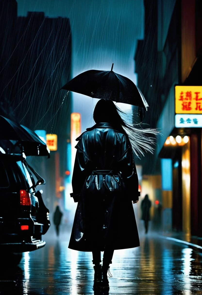 In a dark, stormy city, a woman walks alone, her back to the camera. She is seen from behind, with her long black hair and coat being whipped by the wind and rain. The cityscape around her is dimly lit, with rain pouring down and the streets reflecting the distant, flickering lights. The atmosphere is intense and lonely, emphasizing her solitary journey through the storm.BillieEilish,wearing black clothes.
