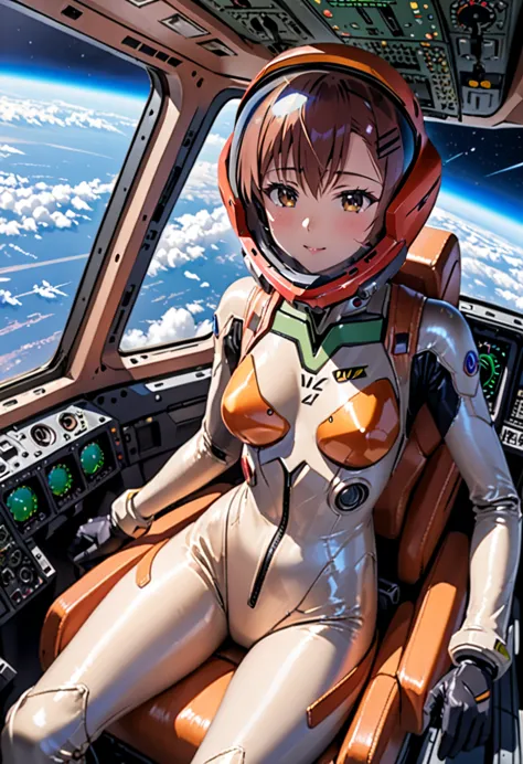 ((female pilot in the cockpit of a reconnaissance plane), (airplane cockpit), (in flight), (10000 feet altitude)、(sky view):1.7)...