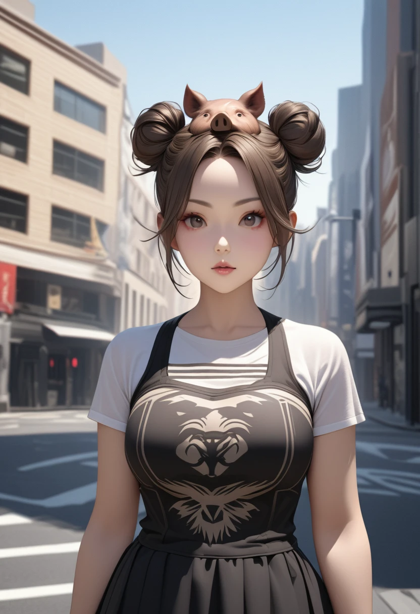 Character Settings：A girl with a boar motif teleported to a downtown area 1. Appearance： - Hairstyle：Two big round buns on top of the head。These are modeled after the realistic shape of a boar&#39;s face.。The surface of the dumpling has a slightly hairy texture.、More boar-like appearance。 - Hair color：The base is dark brown、Contains striking reddish brown highlights。 - clothing：She is wearing Ainu clothing with a boar fur motif.。It has a mottled pattern。The hem and sleeves of the dress are fluffy.、It reminds me of the fur of a boar.。 2. accessories： - necklace：A white pendant resembling a small boar&#39;s tusk。 - Bracelets：A brown leather bracelet with small boar&#39;s hoof charms。 - ヘアaccessories：A boar&#39;s ear-shaped hairpin used to secure the bun。 3. Pose and expression： - Posture：Leaning forward a little、Be wary of your surroundings。 -expression：A look of surprise and alarm。Eyes Wide Open、4. They are threatening others.. Background and Circumstances： - setting：Suddenly teleported to the center of a busy downtown area。 - Reactions from others：Passersby stare at her in amazement.。 - Contrast：A wild girl reminiscent of animals in nature、A scene composed to highlight the contrast of the modern cityscape。 5. The details： - Around the Girl、Small light particles and fog-like effects that indicate the moment you teleport。 - The hem of the dress flutters in the wind、It gives the impression of boar hair standing on end。 - At her feet、There are a few fallen leaves and twigs scattered around, reminiscent of the forests back home.。 24 years old,nsfw,one woman,tattered clothes,on all fours,squatting,muscular,beautiful face,small eyes,sharp eyes,angry,surprised face,scared face,excited,stern expression,glare at,crowd of people,anime style,high quality,illustration,masterpiece,japanese、Distraught、panic、Puzzled、Tattered clothes、Wild 、wild、The hustle and bustle、crowd、Clothes are the place々Defeated、Exposed Skin、The background is detailed