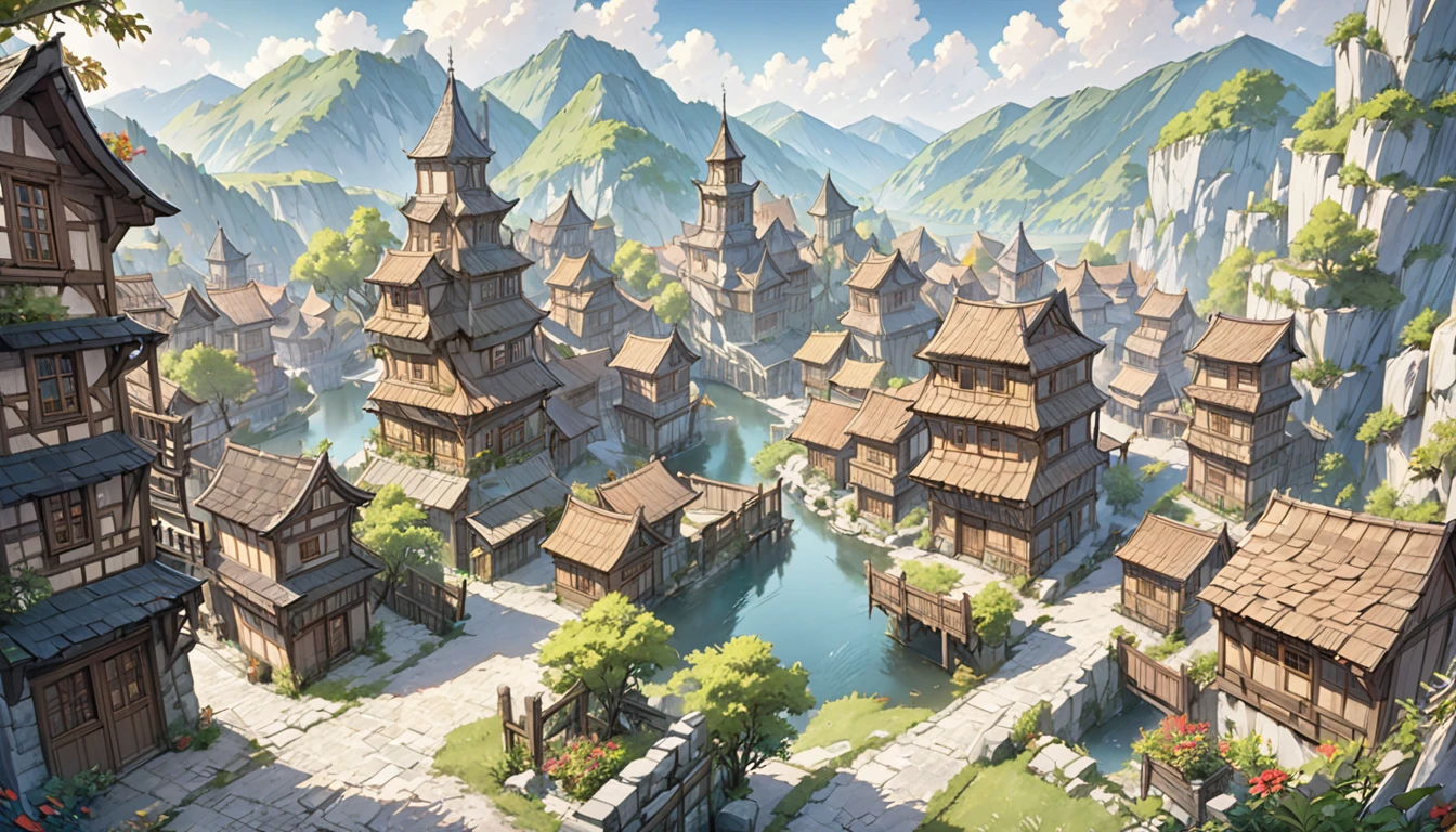 middle Ages　 Fantasy RPG Landscape Stone City Landscape, no humans, no peoples, Bar D, Many bars，Many wooden houses,rococo style