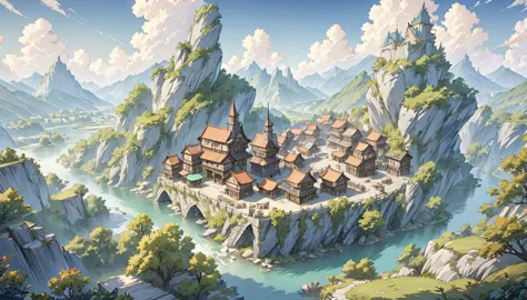 middle ages　 fantasy rpg landscape stone city landscape, no humans, no peoples, bar d, many bars，many wooden houses,rococo style