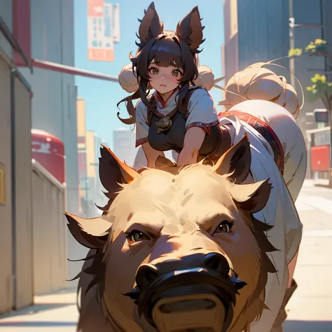 Character Settings：A girl with a boar motif teleported to a downtown area 1. Appearance： - Hairstyle：Two big round buns on top o...