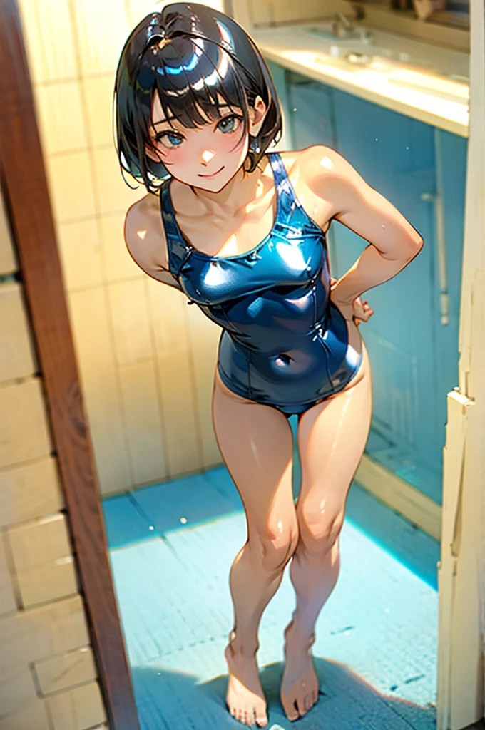 Stand with your feet apart、 Amazingly cute anime girls, Highest quality、ウルトラ - High resolution、High resolution、Detailed CG、8K Unit Wallpaper、17 years old、Beautiful and detailed、(((Super shiny white and light blue swimsuit ,)))、Beautiful sea、Sexy standing pose、Safe Work, Small breasts, Mischievous Smile
