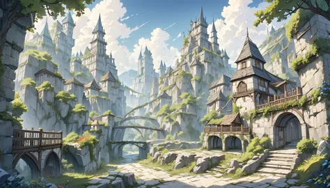 middle ages　 fantasy rpg landscape stone city landscape, no humans, no peoples, bar d, many bars,rococo style