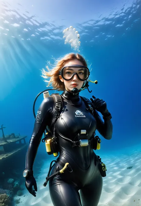 ((full body shot))during the diving course，there is a lady wearing a diving suit and goggles,wear a diving helmet, instagram, a ...