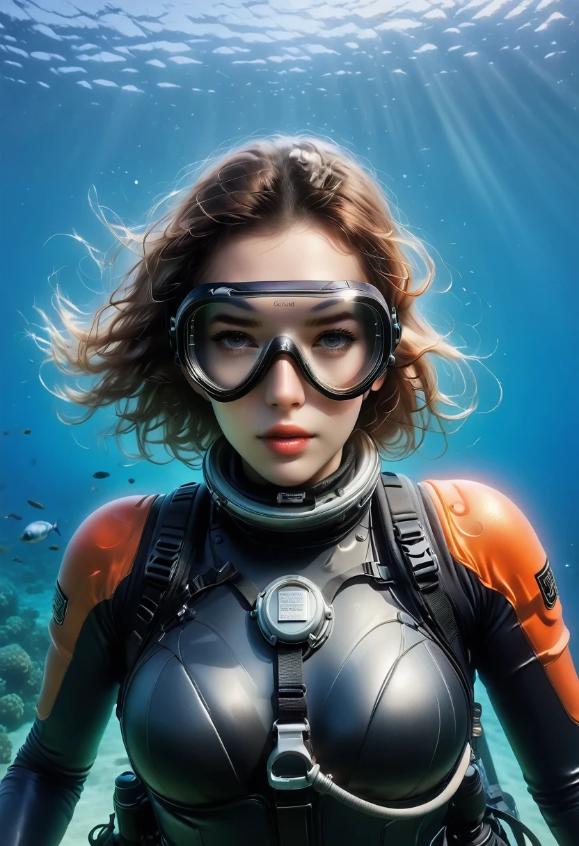 ((full body shot))During the diving course，There is a lady wearing a diving suit and goggles,Wear a diving helmet, Instagram, A diver on the seabed, A diver on the seabed, old scuba, GoPro shooting, Abandoned diving mask, Underwater perspective, 3 6 0 capture, amanda clarke, Underwater shooting,