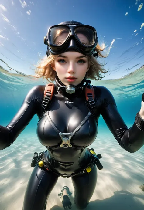 ((full body shot))during the diving course，there is a lady wearing a diving suit and goggles,wear a diving helmet, instagram, a ...