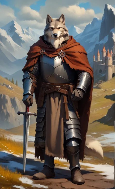 solo, smug, friendly and stern looking, solo anthro furry wolf medieval knight, he has dark grey and white fur, he has big white...