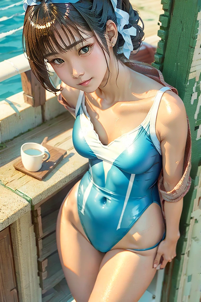 Stand with your feet apart、 Amazingly cute anime girls, Highest quality、ウルトラ - High resolution、High resolution、Detailed CG、8K Unit Wallpaper、17 years old、Beautiful and detailed、(((Super shiny white and light blue swimsuit ,)))、Beautiful sea、Sexy standing pose、Safe Work, Small breasts, Mischievous Smile
