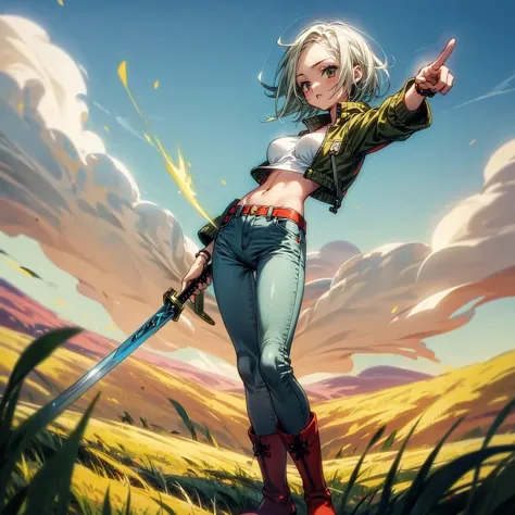 solo character, full body version, girl, white half green color hair, black eyes, short hairstyle, jacket crop top, long jeans, ...