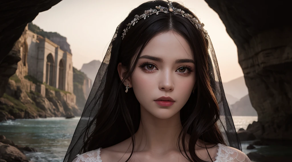 masterpiece,highest quality, High resolution, RAW photo, realistic, a woman wearing a wedding dress and veil, beautiful detailed eyes, beautiful detailed lips, extremely detailed eyes and face, goth wedding dress, DEEP cave background, dramatic lighting, cinematic composition, ULTRA WIDE, highly detailed, masterpiece, award winning, artstation trending, MEDIUM SHOOT