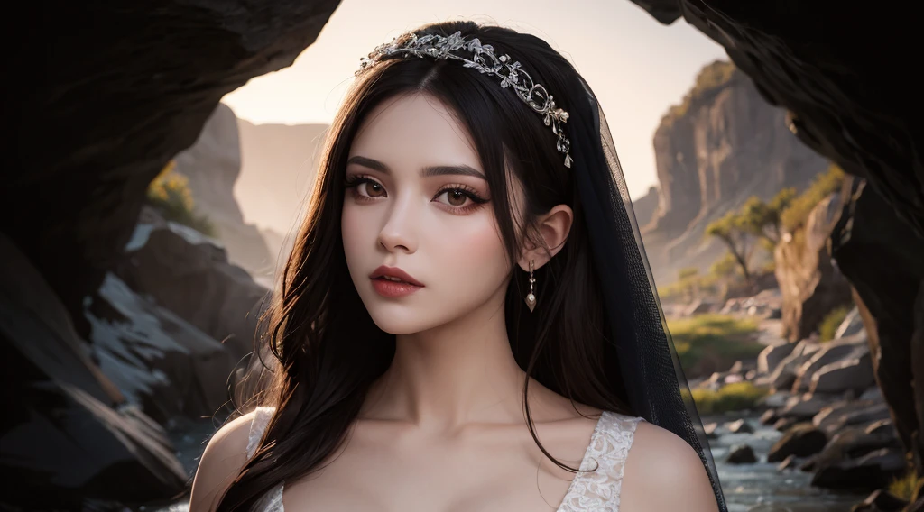 masterpiece,highest quality, High resolution, RAW photo, realistic, a woman wearing a wedding dress and veil, beautiful detailed eyes, beautiful detailed lips, extremely detailed eyes and face, goth wedding dress, DEEP cave background, dramatic lighting, cinematic composition, ULTRA WIDE, highly detailed, masterpiece, award winning, artstation trending, MEDIUM SHOOT