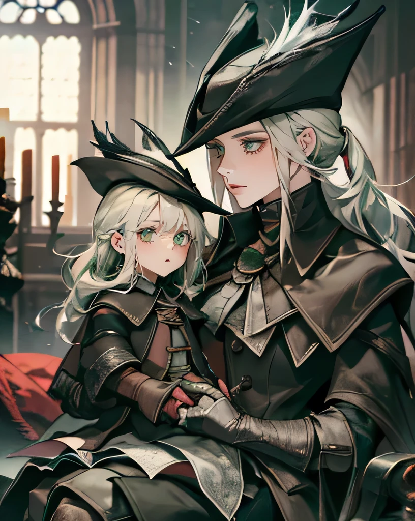 LadyMaria, 1girl, hat, tricorne, green_eyes,  solo, Rakuyo_\(bloodborne\),  holding, ponytail, gloves, boots, blood, blood_flowing_from_sword, clocktower, indoors, sitting in chair, Lady Maria ( Bloodborne ) pale skinned female, tall fit female, A mother and her daughter. Like mother like daughter, Green eyes, the daughter looks like her mother ,  and big girl , Motherhood, mother and daughter , The daughter is an exact copy of her mother but she is small, The daughter is an exact copy of her mother, 