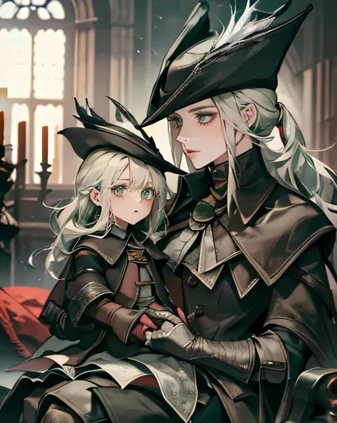 ladymaria, 1girl, hat, tricorne, green_eyes,  solo, rakuyo_\(bloodborne\),  holding, ponytail, gloves, boots, blood, blood_flowi...