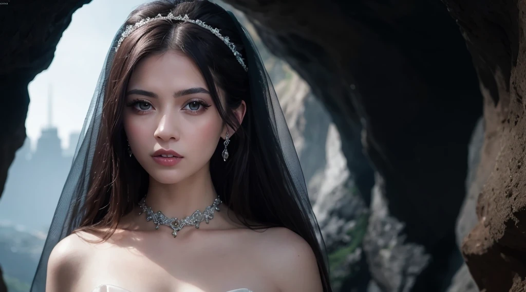 masterpiece,highest quality, High resolution, RAW photo, realistic, a woman wearing a wedding dress and veil, beautiful detailed eyes, beautiful detailed lips, extremely detailed eyes and face, goth wedding dress, DEEP cave background, dramatic lighting, cinematic composition, ULTRA WIDE, highly detailed, masterpiece, award winning, artstation trending, MEDIUM SHOOT