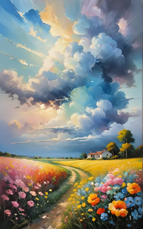 (((Various styles))), Detailed scene, Weird twist, Unique visual effects, cloud，Sky, and flowers, Abstract, Surrealist &quot;Pai...