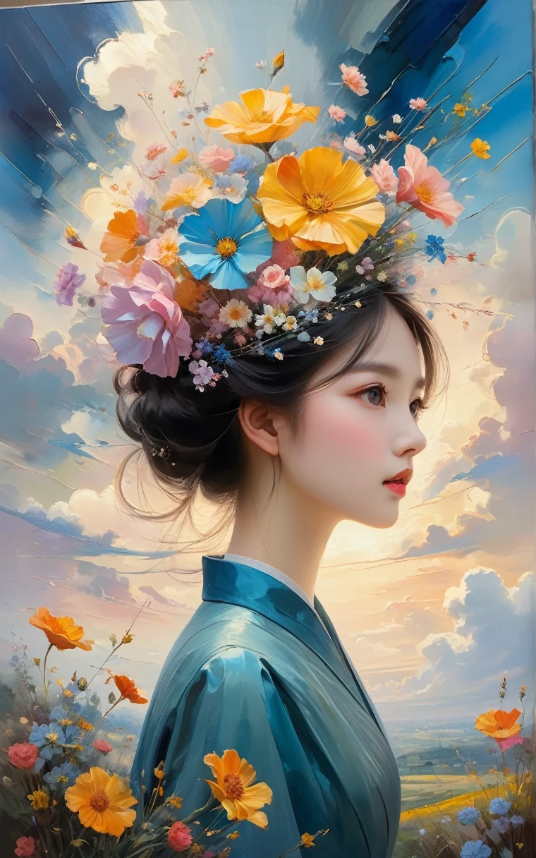 (((Various styles))), Detailed scene, Weird twist, Unique visual effects, cloud，Sky, and flowers, Abstract, Surrealist &quot;Painted Light&quot;, &quot;Soft colors, ”, 「isolated subject, ” âinnocent colours, soft light, Heavy inky shadows, Detailed and complex environments, masterpiece, tracking effect, oil painting美學, heavy strokes, mysterious temptation, oil painting《Impressionism》, ” âImpressionistic.”Beautiful details, stylized art aesthetics, Broken glass effect, No background, amazing, something that doesn&#39;t even exist, Mythological figures, vitality, molecular, texture, iridescent and luminous scales, amazing美麗, pure perfection, divine presence, unforgettable, touching, amazing美麗, Volumetric light, halo, ray, vivid color reflection