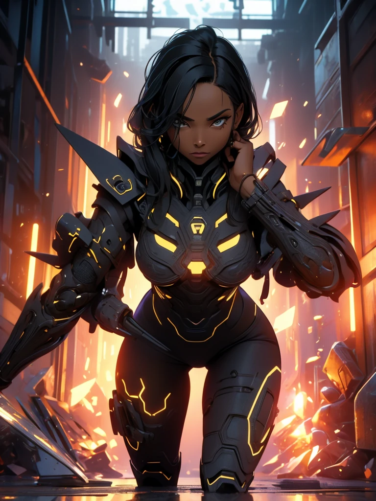 (super detaill), High details, high qualiy, 8k, (work of art), best qualityer, darkskin, black female, Symmetrical, Bblack hair, face perfect, intricate hair, side hair tie, black jersey, mommy dom, dominant figure, presumptuous, Intimidating Enforcer, chilly, great shading, mysterious figure, yellow sea beast armor, shielding coating.