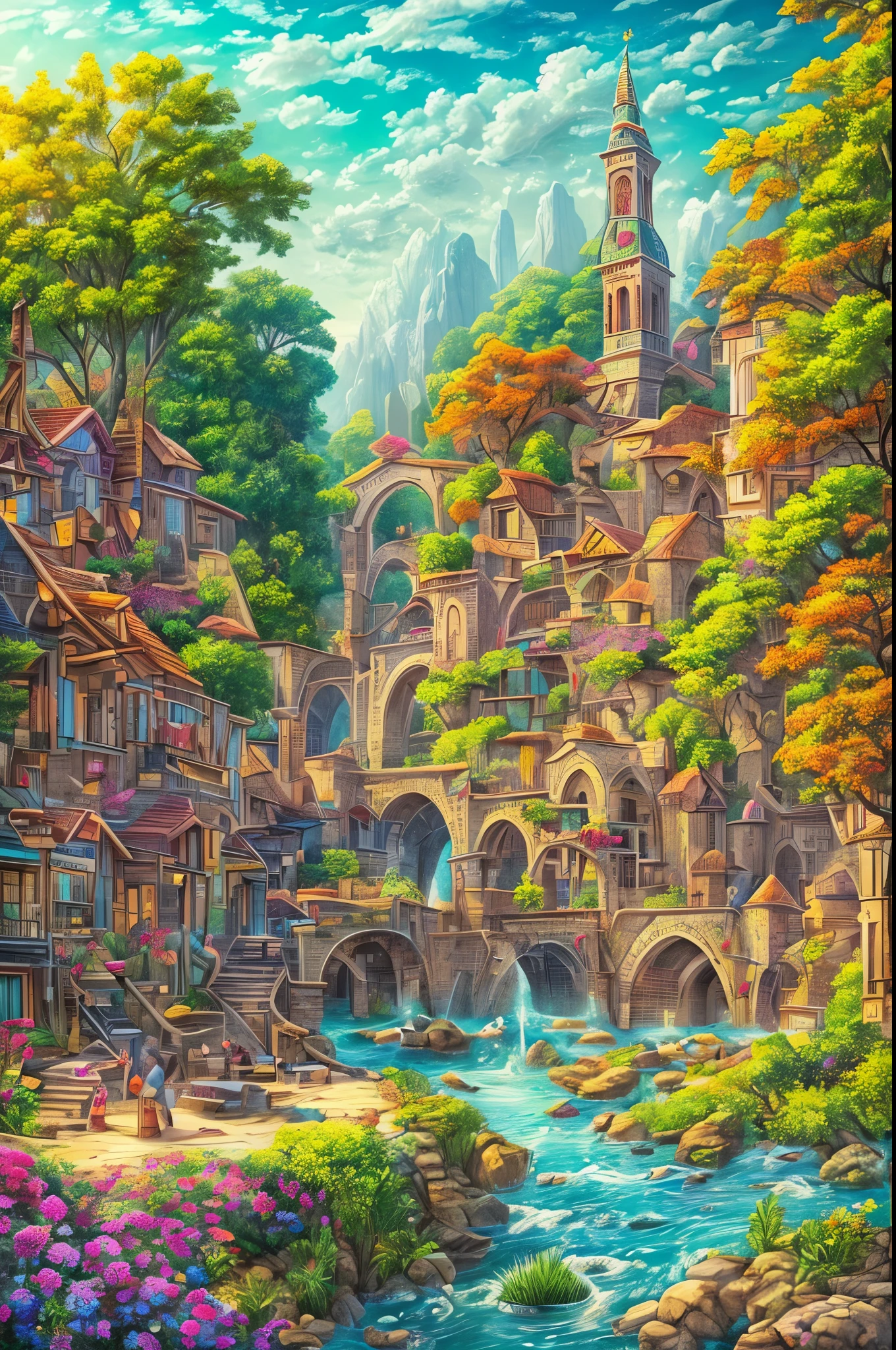 Um altamente detalhado, obra-prima fotorrealista de uma pintura surreal e imaginativa de uma cidade medieval, Resolução 8K, cores vibrantes, estilo hiperrealista, arte ingênua, foco nitído, Renderização baseada fisicamente, composição artística profissional, cena da natureza ao ar livre, folhagem exuberante, atmosfera de sonho, iluminação dramática, humor etéreo