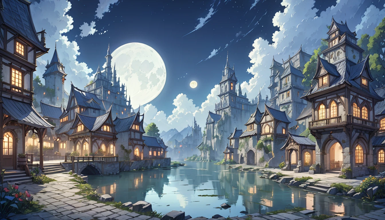 middle Ages　 Fantasy RPG Landscape Stone City Landscape, no humans, no peoples, Bar D, Many bars,rococo style, night, moon