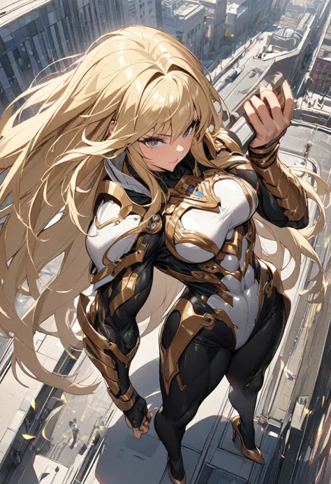 1woman, tall woman, long hair, blond hair, body suit, one hand gauntlet on right hand, nice perspective, muscular, valkyrie, hig...