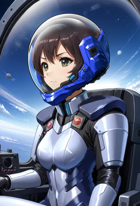 ((female pilot in the cockpit of a reconnaissance plane), (airplane cockpit), (in flight), (10000 feet altitude)、(sky view):1.7)...