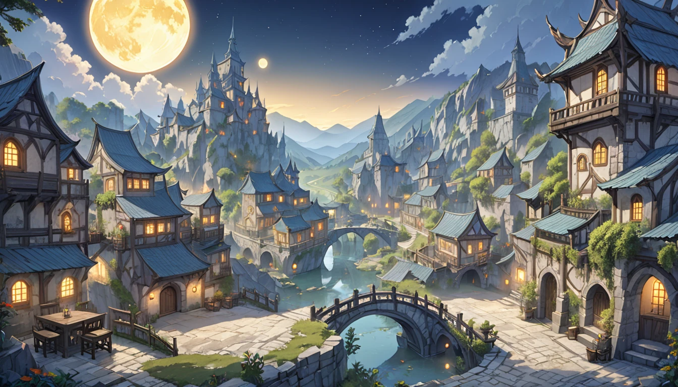 middle Ages　 Fantasy RPG Landscape Stone City Landscape, no humans, no peoples, Bar D, Many bars,rococo style, night, yellow moon