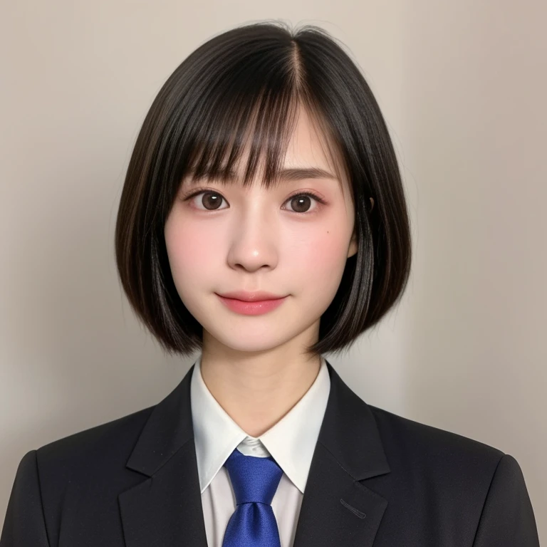 (kawaii 18 year-old Japanese girl, Nogizaka idol, Korean idol, highschool student), healthy female athlete body, (glossy black hair, short hair, pixie cut, bangs:1.3), (rounded face, beautiful black eyes, single eyelid, no makeup, embarrassed expression:1.2), (wearing suit jacket, collared shirt, necktie:1.3), extra small breasts, BREAK, (plain white background:1.2), (id photo, yearbook photo, facing straight at the camera, bust:1.2),  BREAK, (masterpiece, best quality, photo realistic, official art:1.4), (UHD, 8K quality wallpaper, high resolution, raw photo, golden ratio:1.3), (shiny skin), professional lighting, physically based rendering, award winning, (highly detailed skin, extremely detailed face and eyes), Carl Zeiss 85 mm F/1.4, depth of field, 1girl, solo,