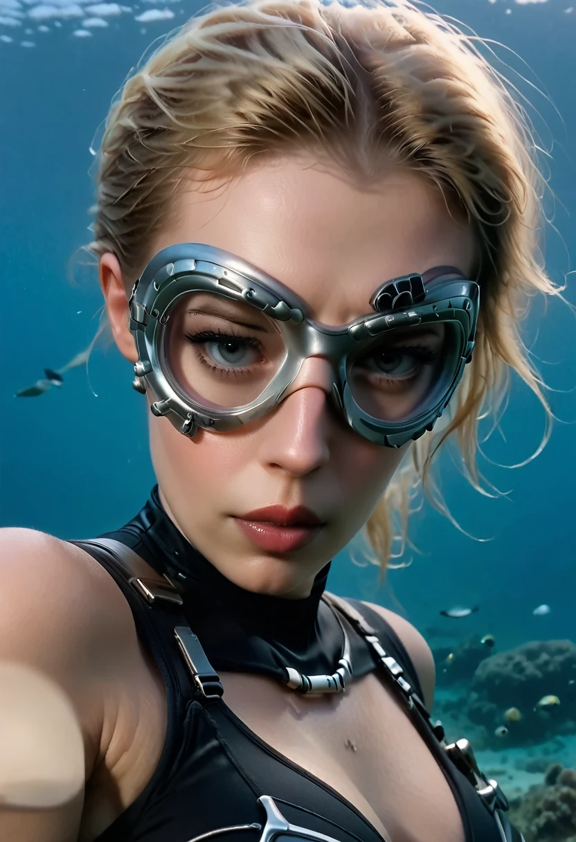 Seven of Nine ((full body shot))During the diving course，There is a lady wearing a diving suit and goggles,Wear a diving helmet, Instagram, A diver on the seabed, A diver on the seabed, old scuba, GoPro shooting, Abandoned diving mask, Underwater perspective, 3 6 0 capture, amanda clarke, Underwater shooting,
