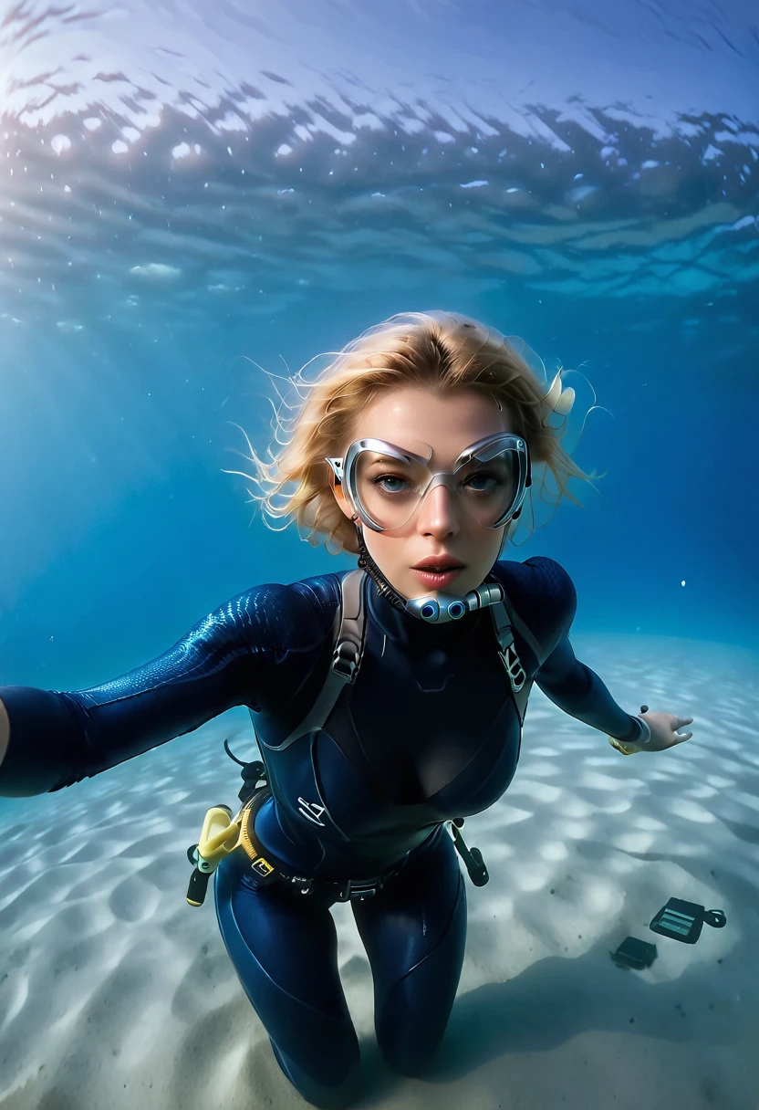 Seven of Nine ((full body shot))During the diving course，There is a lady wearing a diving suit and goggles,Wear a diving helmet, Instagram, A diver on the seabed, A diver on the seabed, old scuba, GoPro shooting, Abandoned diving mask, Underwater perspective, 3 6 0 capture, amanda clarke, Underwater shooting,
