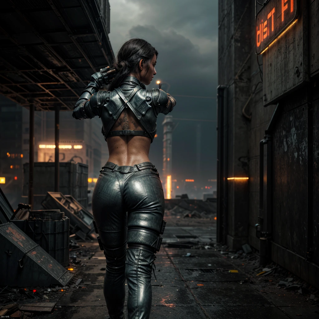 A woman in futuristic light armor in an abandoned section of a dystopian futuristic city as seen from behind, ((firing weapon at unseen enemy)), (rifle), one woman, lone figure, night render, graffiti, worn and faded signage, cyberpunk, flashing lights, fog and mist, industrial atmosphere of dark fantasy, Ghost in the Shell and Bladerunner inspiration, disturbing, unnerving, creepy, unsettling, cloudy weather, steel textures, cement and stone textures, rust textures, Sublime rendering, extreme detailing, dynamic background, 32k maximalist, fantasy art, sharp lines, masterpiece