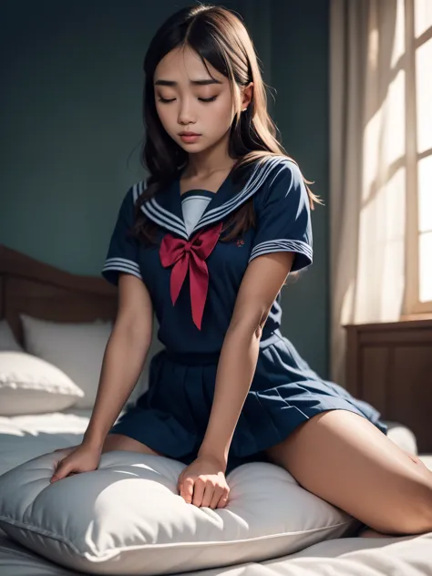 1girl,school girl wearing sailor uniform, masturbating with pillow, on bed, pussy juice, side lying, hyper detailed, photorealis...