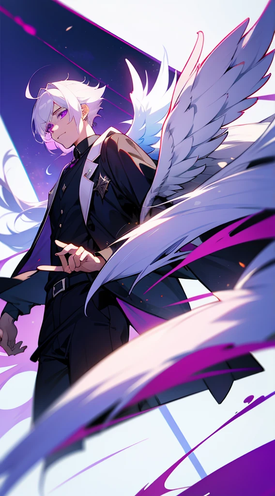 26-year old male white hair and purple eyes with wings