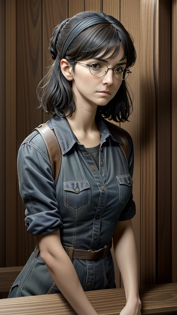 (masterpiece, best quality) "A disheveled woman in a blue shirt and glasses standing in front of a wooden wall, inspired by Bernardino Mei's style. The portrait has a Renaissance aesthetic but is modernized, suitable for a Reddit post. Photograph credit: AP, with artistic elements reminiscent of Lindsey Look. The woman has blunt bangs falling on her forehead, a medium close-up shot, and she is in court, standing behind bars. Inspired by Robin Eley, she has black hair with bangs. The theme is serious and intense, set in a courtroom. Her expression and demeanor suggest she is psycho, adding a disturbing edge to her appearance."