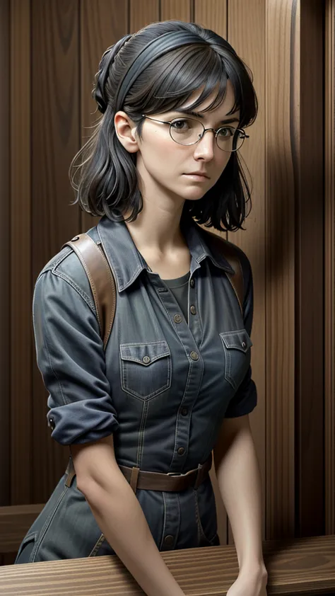 (masterpiece, best quality) "a disheveled woman in a blue shirt and glasses standing in front of a wooden wall, inspired by bern...