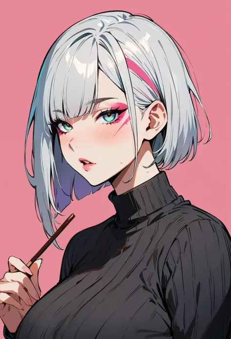 (masterpiece, best quality:1.4), 1 girl, 独奏, anime style, gray pupil, blurred eyes, holding pocky, pink lower lip, cyberpunk sty...