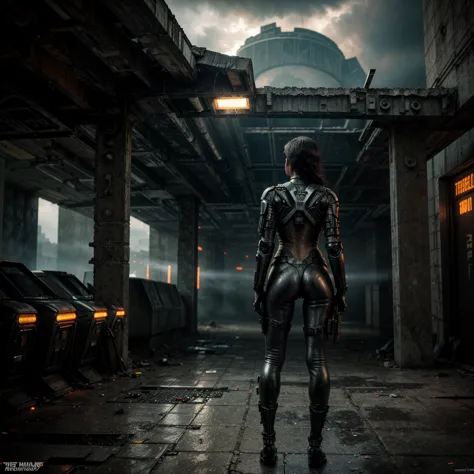 a woman in futuristic light armor in an abandoned section of a dystopian futuristic city as seen from behind, ((firing weapon at...