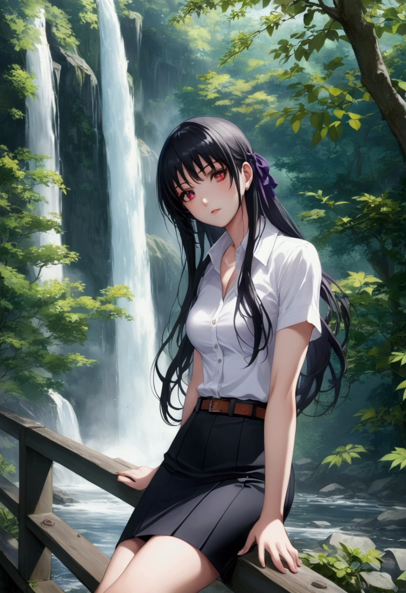 realistic anime illustration of pretty young woman is sitting on bridge at waterfall, she wearing white shirt short sleeves, collared button up shirt, black pencil skirt with belt, and white heel sandals, (1girl, solo, full body), (masterpiece, best quality, Japanese anime style), (horikita suzune, red eyes, purple eyes, long hair, black hair, hair ribbon)