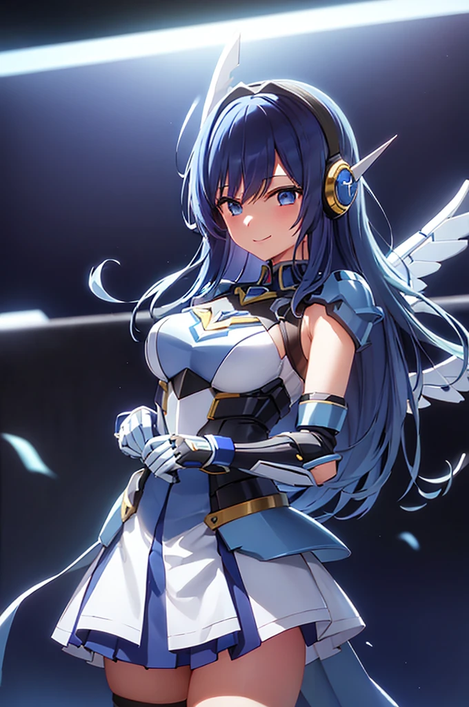 mecha wings、Blue Skirt、Thighs、tights、chest、Beautiful blue hair、1 girl、solo girl、IS、Frame Arms Girl、Alice Gere Aegis、armor、income、headphone、hand on own chest、smile、idol woman