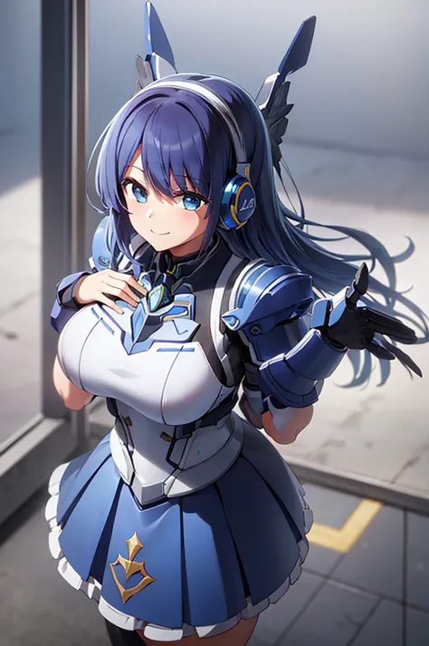 mecha wings、blue skirt、tights、chest、beautiful blue hair、1 girl、solo girl、is、frame arms girl、alice gere aegis、armor、income、headph...