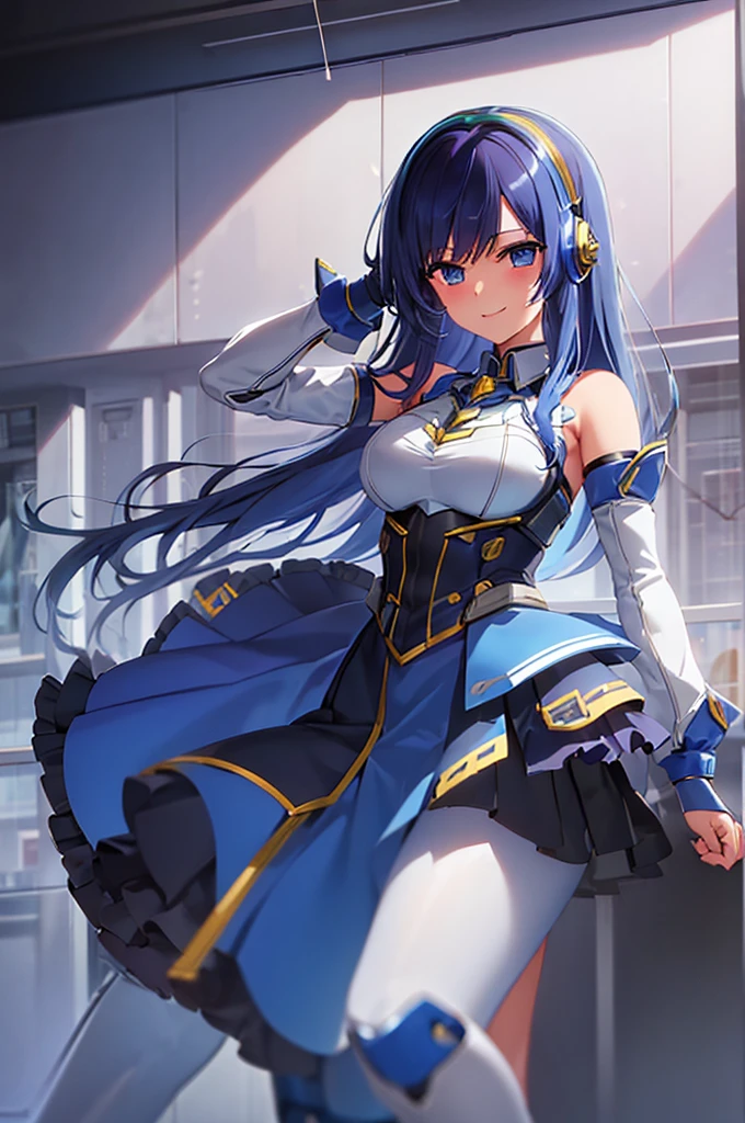 mecha wings、Blue Skirt、tights、chest、Beautiful blue hair、1 girl、solo girl、IS、Frame Arms Girl、Alice Gere Aegis、armor、income、headphone、hand on own chest、smile、idol woman