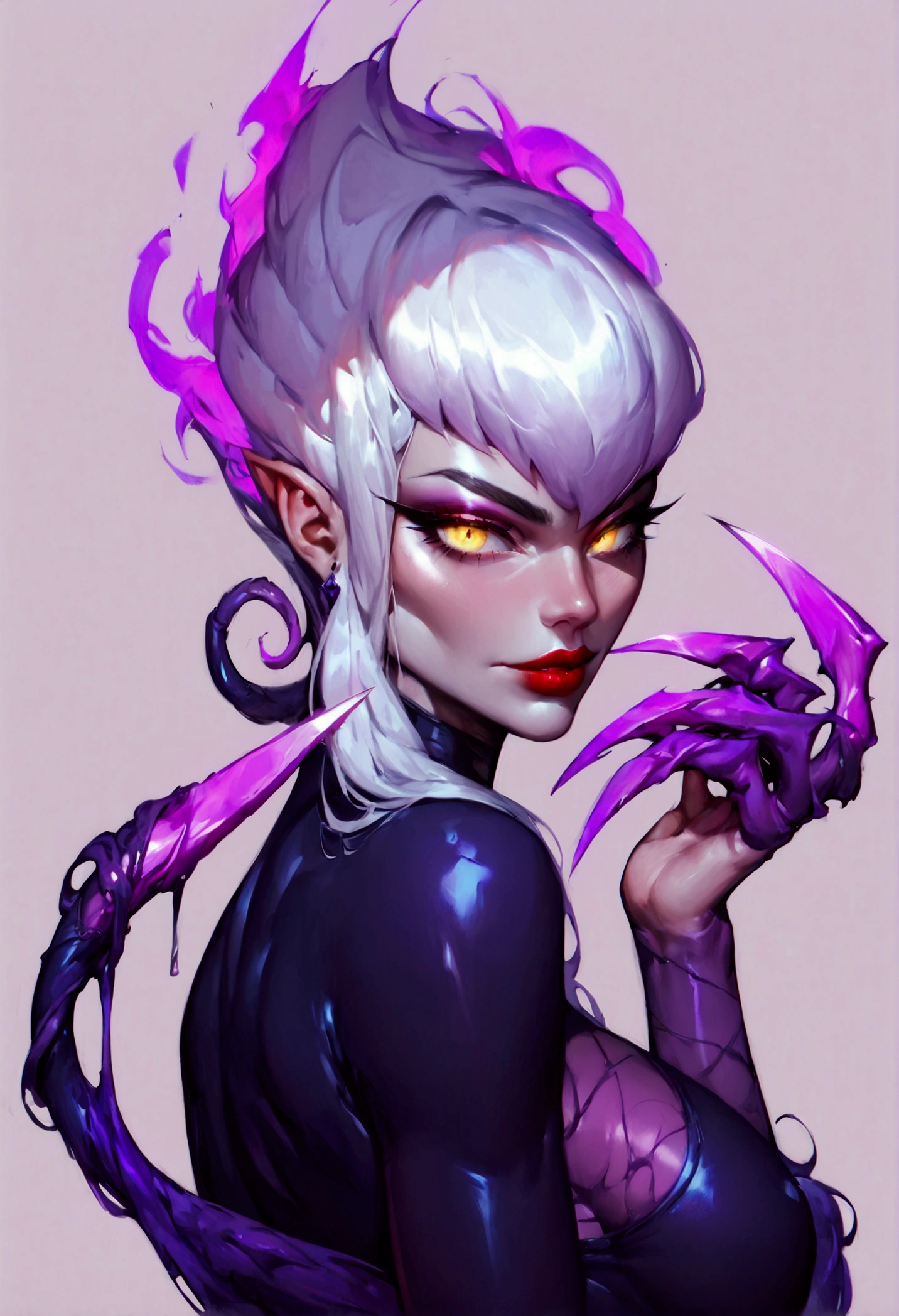 (score_9, score_8_up, score_7_up), zPDXL, 1 girl, alone, evelynn, looking at viewer, jungle, lascivious gaze, provocative face, yellow eyes, background, white hair, tight clothing, sexy body, red lips, black clothing, sharp tentacles, claws, purple, simple background, dark sexual energy, dark aura, purple claws,