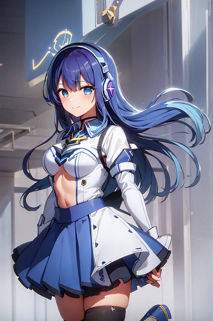 mecha wings、Blue Skirt、Thighs、tights、chest、Beautiful blue hair、1 girl、solo girl、IS、Frame Arms Girl、Alice Gere Aegis、armor、income、headphone、hand on own chest、smile、idol woman、kurokawa akane