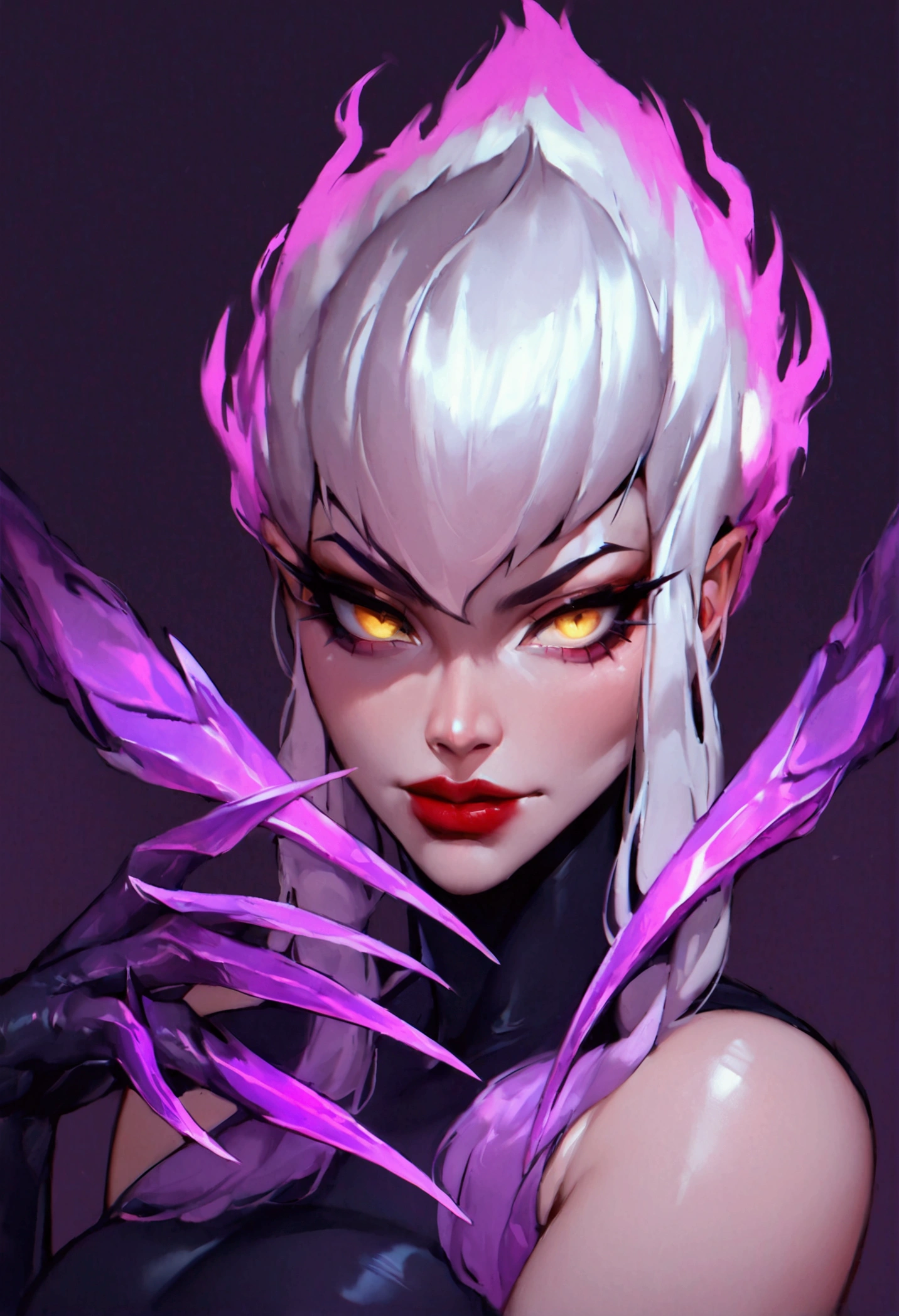 (score_9, score_8_up, score_7_up), zPDXL, 1 girl, alone, evelynn, looking at viewer, jungle, lascivious gaze, provocative face, yellow eyes, background, white hair, tight clothing, sexy body, red lips, black clothing, sharp tentacles, claws, purple, simple background, dark sexual energy, dark aura, purple claws,