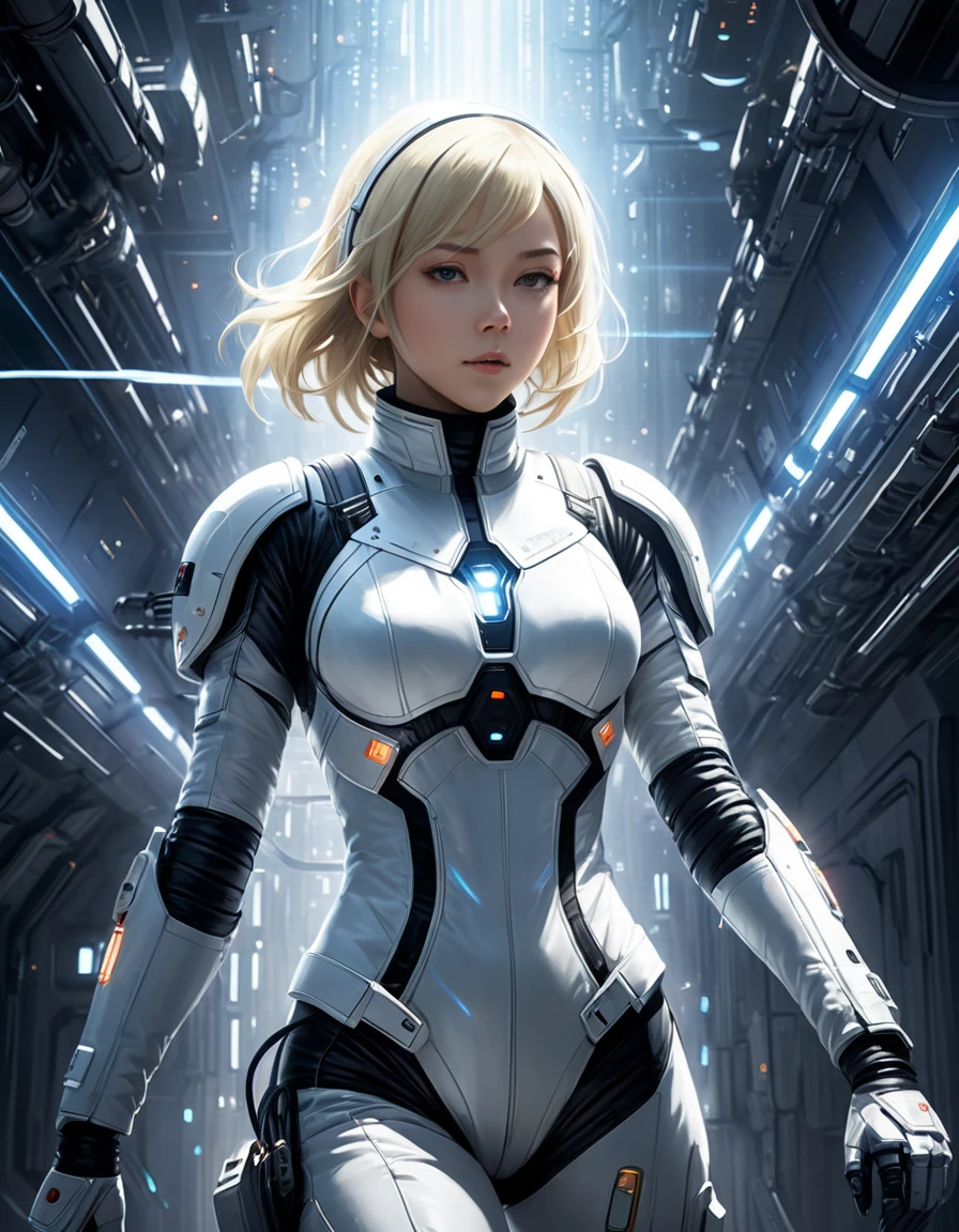 Girl in spacesuit, spaceship inside, Tsutomu Nihei style, Sidonia no Kishi, gigantism, laser generator, multi-story space, futuristic style, Sci-fi, hyperdetail, laser in center, laser from the sky, energy clots, acceleration, light flash, speed, anime, drawing, 8K, HD, super-resolution, manga graphics, Drawing, First-Person, 8K, HD, Super-Resolution --q 2 --ar 1:2