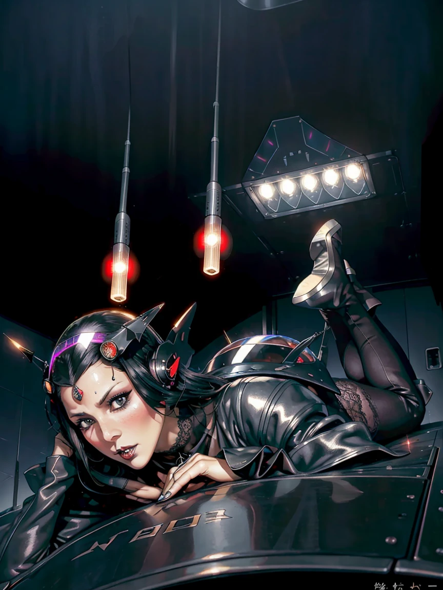 (((gothic vampire piloting) in gothic spacecraft)), (((retro anime))), (((from below))), ((120 fov)), ((((gothic)) control panels)), (((mature))), (((gothic))), (iridescent) bodysuit, ((((lace accessories)))), ((pilot seat)), ((((lying back)) pose)), (((elegant))), (((serious tone))), ((cockpit top control panel)), intricate control panel details, close-up, 1990s (style), masterpiece, ((claustrophobic)), best quality, screens, ((pilot helmet)), night, ((low key light)), (colorful cockpit lights), sparkles, (dramatic lighting), sweat, [blushing], [[pointy ears]], (dark background)