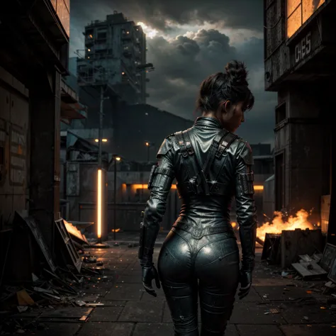 a woman in futuristic light armor in an abandoned section of a dystopian futuristic city as seen from behind, ((firing weapon at...